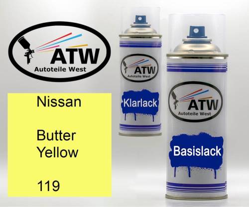 Nissan, Butter Yellow, 119: 400ml Sprühdose + 400ml Klarlack - Set, von ATW Autoteile West.